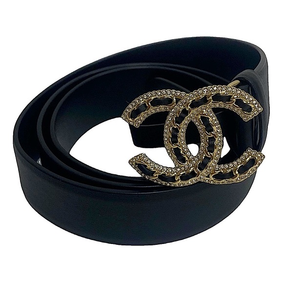 🧸🆕CHANEL Black Belt Leather Metal Intertwined Crystal Embellished CC Logo Buckle - Picture 1 of 11